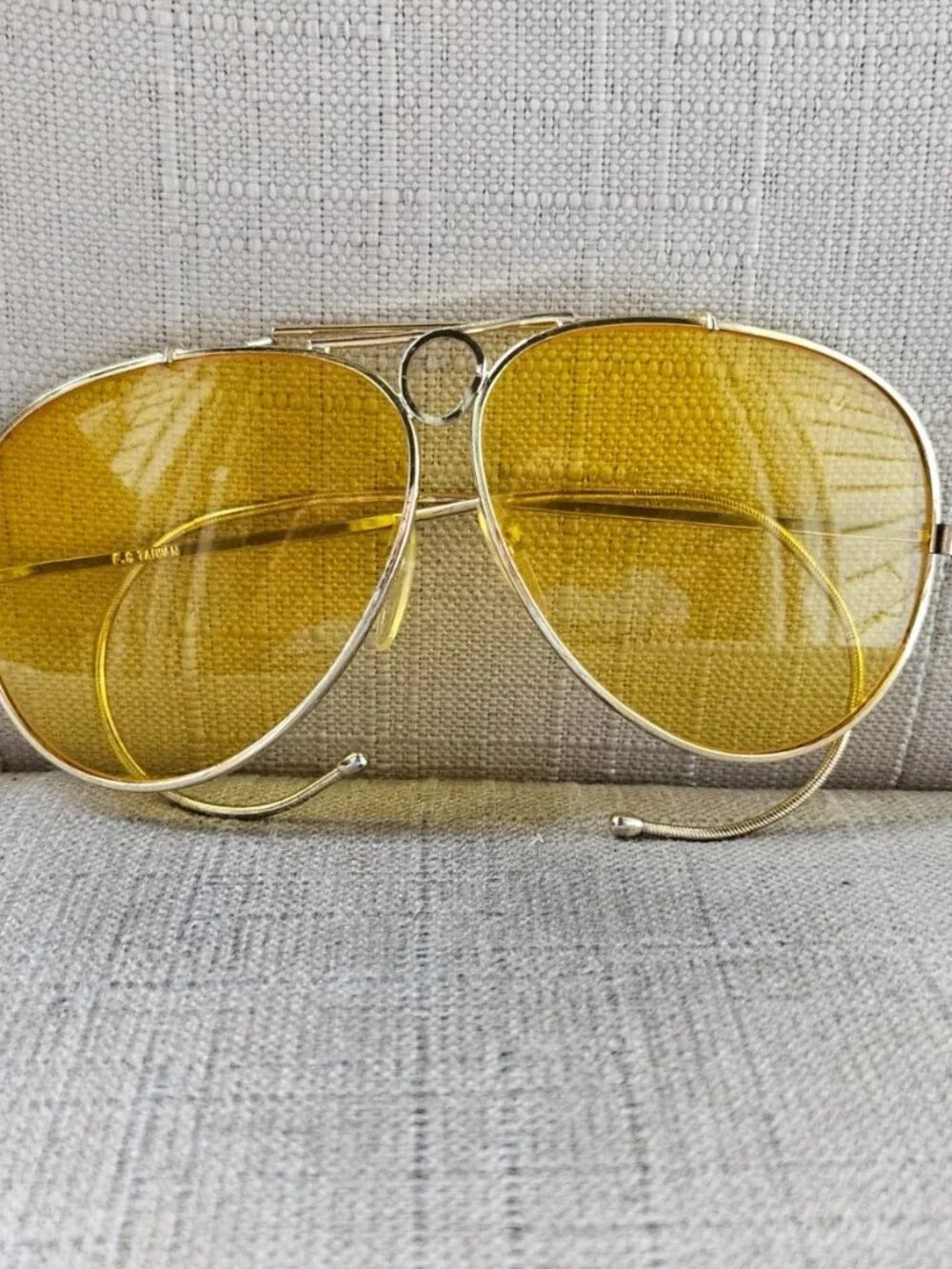 Vintage Men Sunglasses Yellow Tone Lenses Gold Tone Metal Frame Eyewear F.S